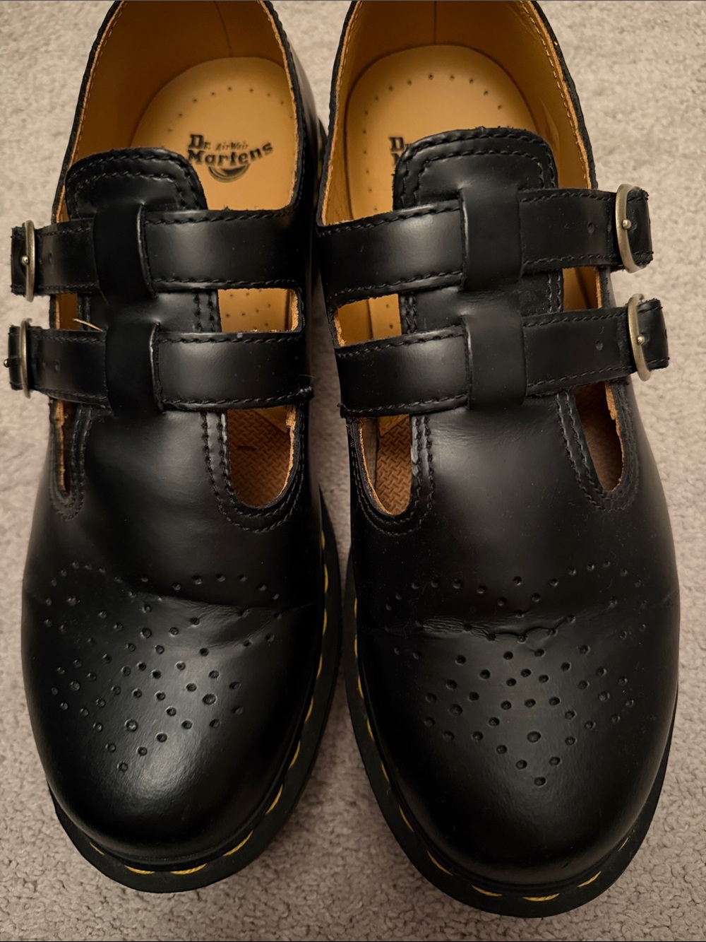 Dr. Martens Women’s Black Double-Buckle Mary Jane Shoes with Yellow Stitching - Picture 6 of 8